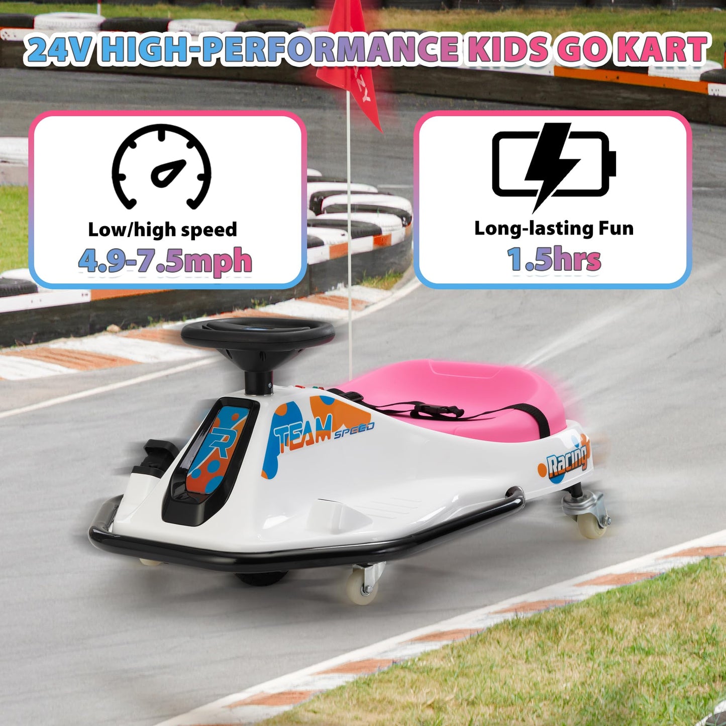 Tobbi 24V Electric Go Kart For Kids Ages 6+, Ride On Drift Go Carts Up To 7.5 Mph Variable Speed, High/Low Speed, Brushless Motor, With Usb Port, Led Lights, Mp3, Victory Flag (Pink-White)