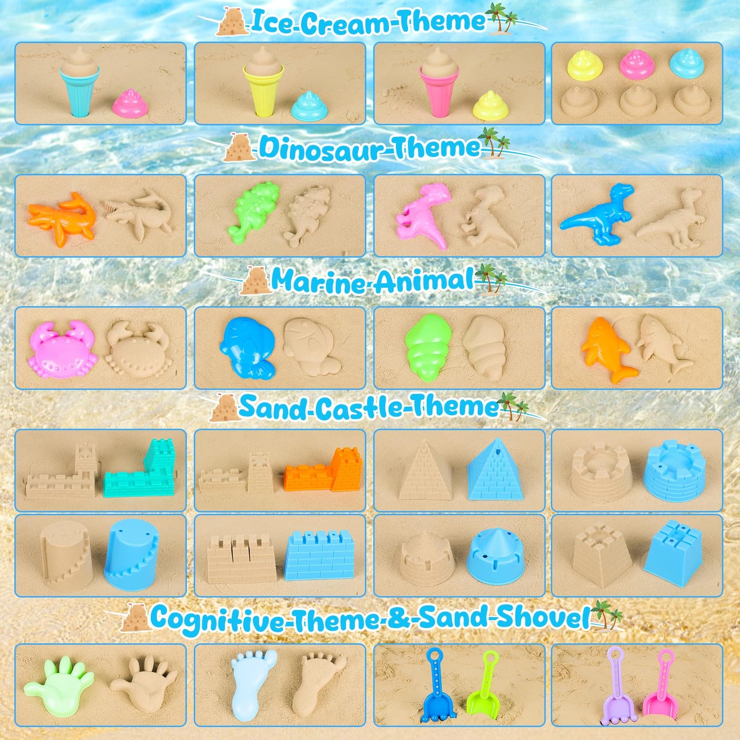 Rezucrey Beach Toys For Kids Toddlers, Sand Castle Toys With 4 Sand Bucket And Shovels, Mesh Bag & Molds, Ice Cream Travel Sandb