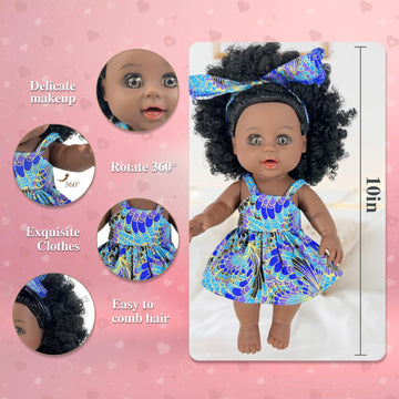 Nice2you 10" Black Baby Doll - Realistic Silicone Doll with Curly Hair, Dress, Ideal for Girls Aged 1-5, Model Blue01
