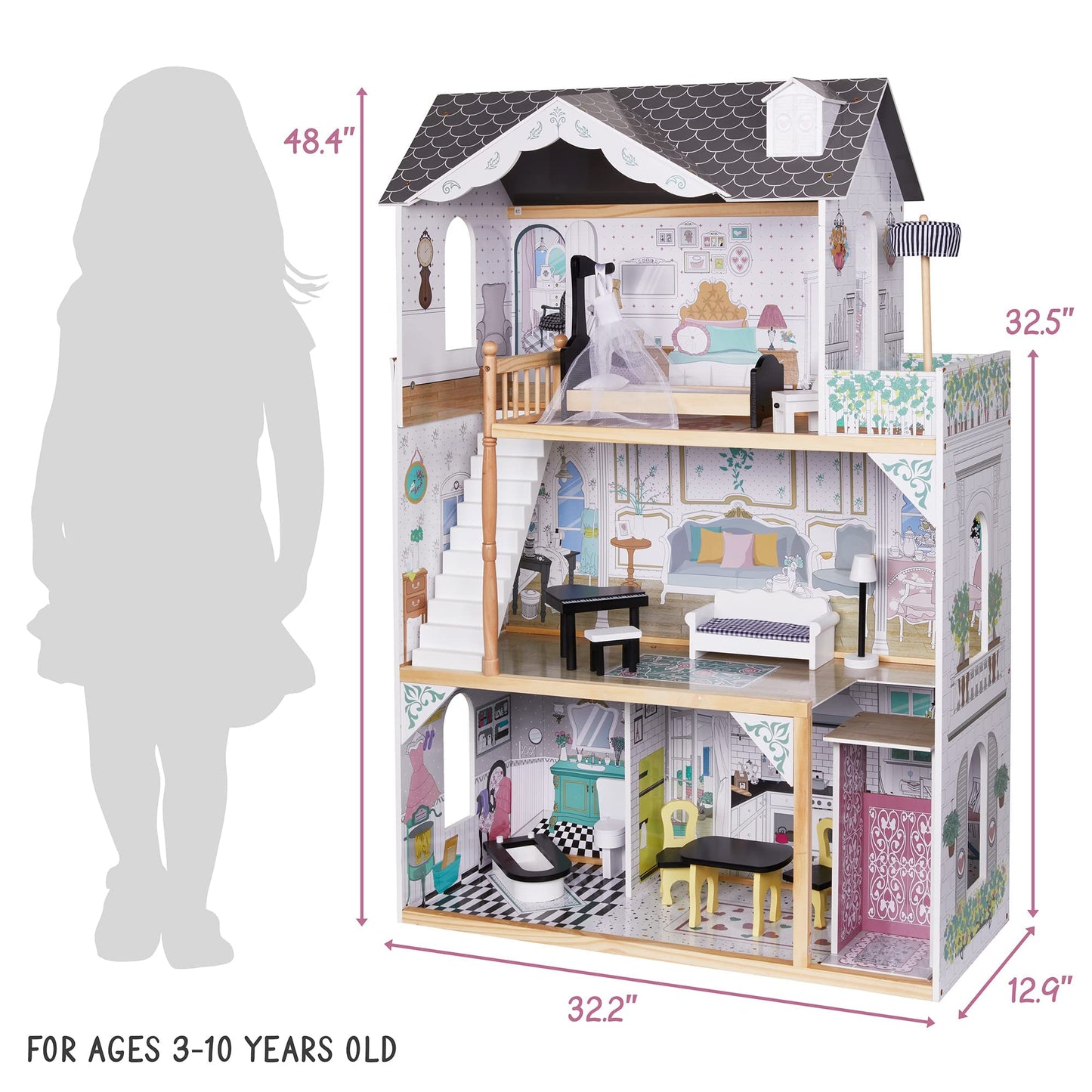 Lil' Jumbl Kids Wooden Dollhouse, With Elevator, Balcony & Stairs, Accessories & Furniture Included X-Large 3 Story Easy To Assemble Doll House Toy