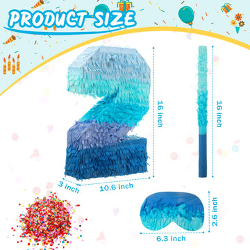 Number 1 2 3 4 5 6 7 8 9 Piñata With Stick Blindfold Confetti, Gradient Blue Piñata For Kids Birthday Party Large Blue Piñata For Boys Girls Birthday Anniversary Decoration Supplies(Number 2)