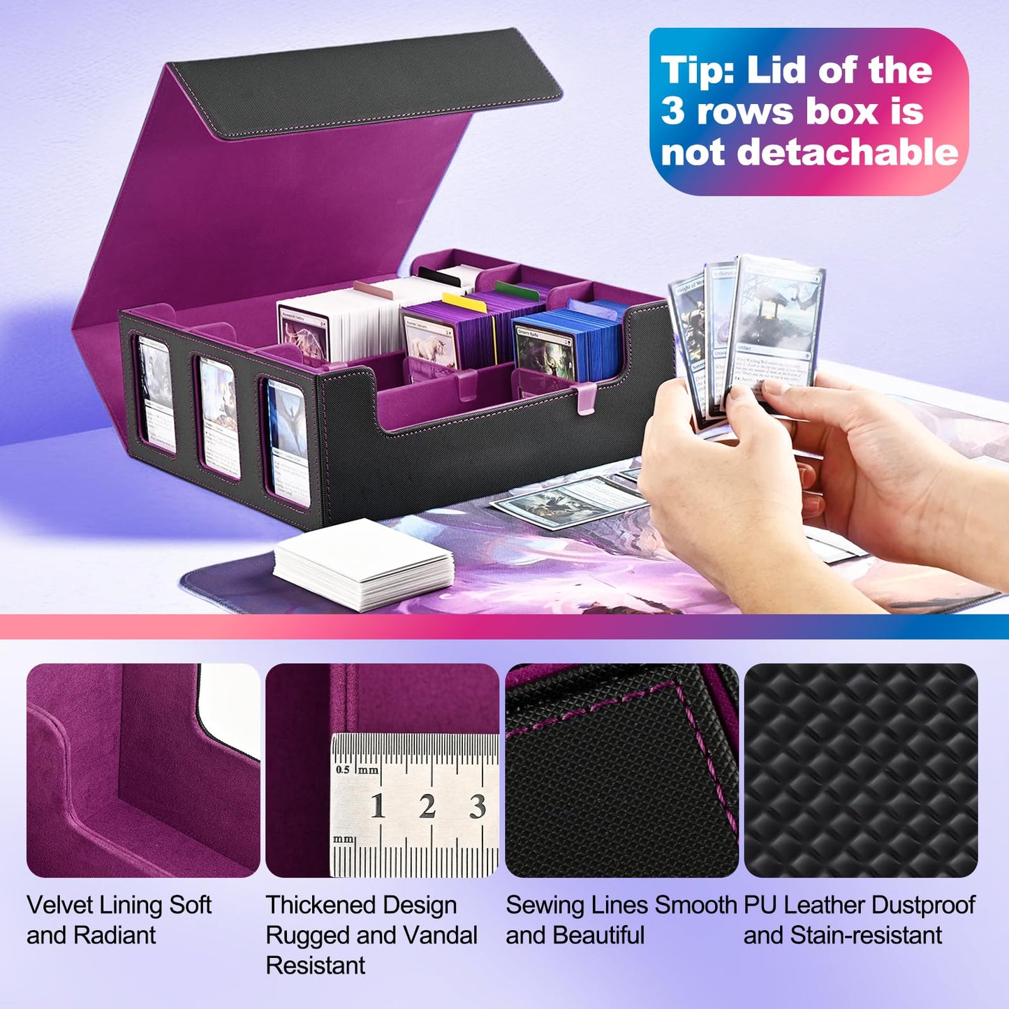 Uaono Card Storage Box For Trading Cards, 1800+ Commander Deck Box For Mtg With Display Window, Toploader Card Case Fits Magic Tcg Ptcg Sports Cards; 10 Removable Divider, 3 Stoppers (Black, Purple)