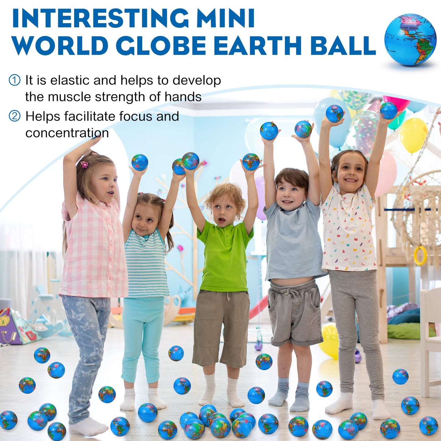 Vinsot 60 Pack Globe Squeeze Balls Bulk 2.5 Inch Mini Globe Stress Balls Earth Bouncy World Earth Relief Stress Toys For Finger Exercise School Classroom Office Party Favors