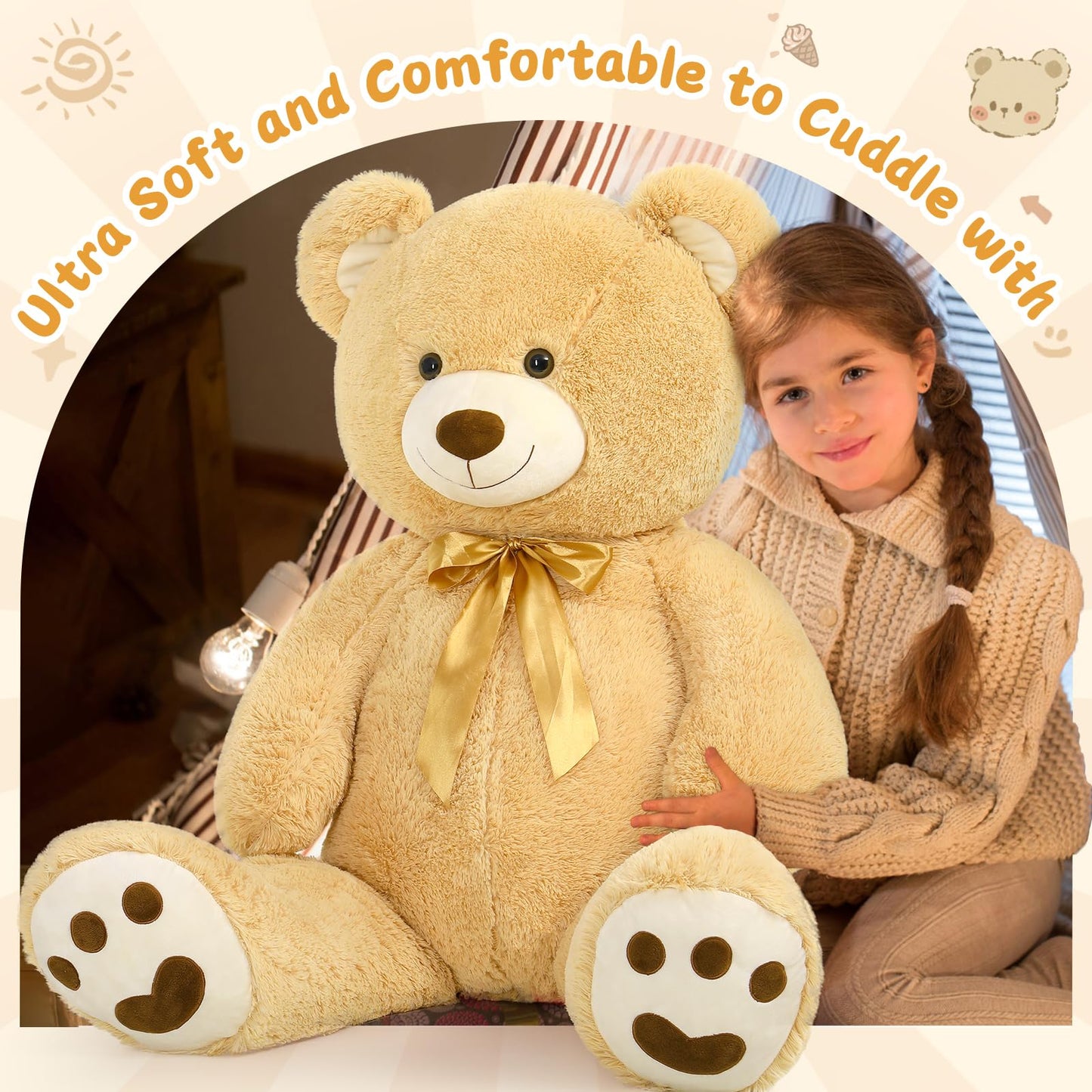 Morismos Giant Teddy Bear Stuffed Animal 4Ft, Big Teddy Bear Plush For Baby Shower, Life Size Stuffed Bear Gifts For Kids, Girls, Girlfriend, Women On Valentine, Christmas, Birthday(Light Brown)