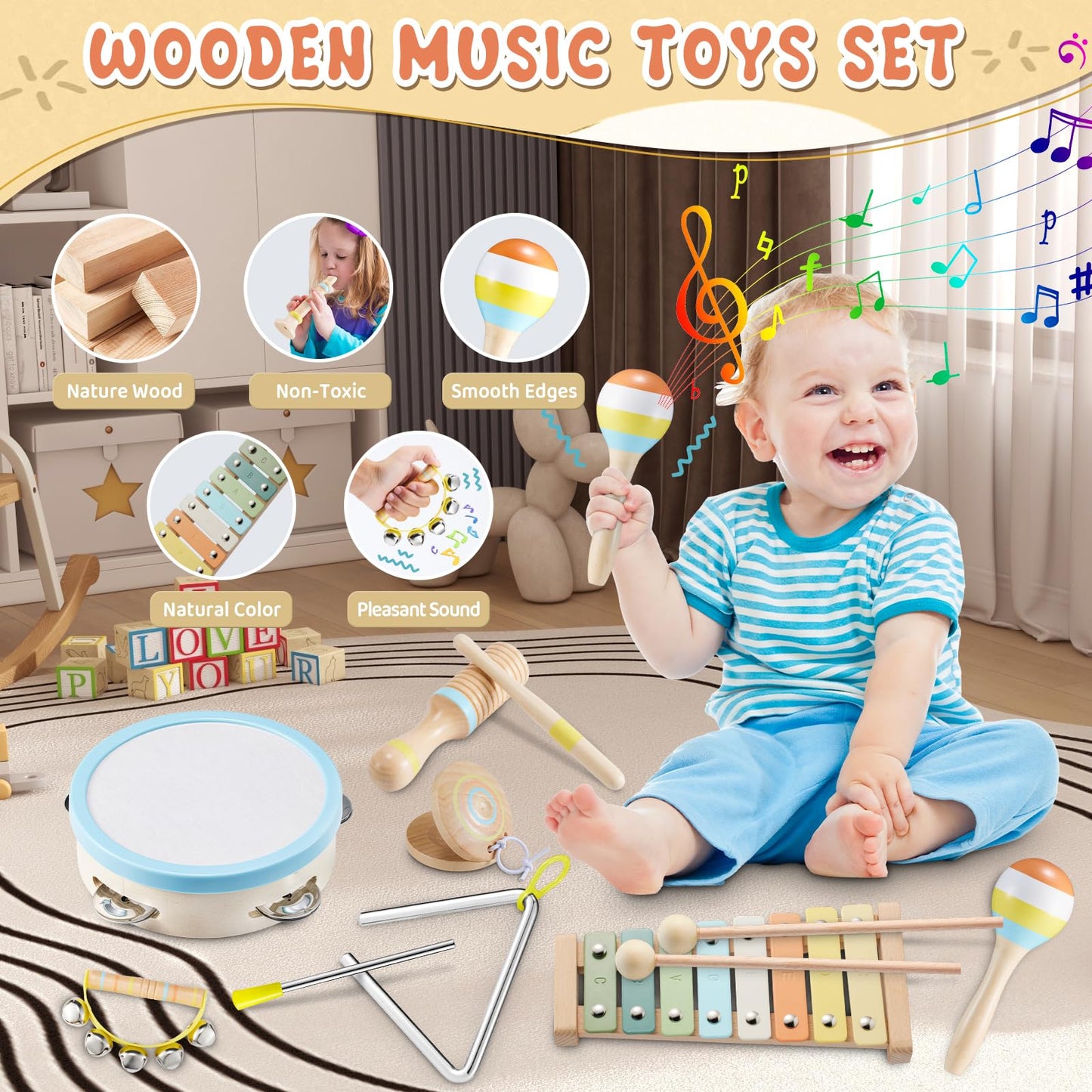 Baby Musical Instruments - Montessori Musical Toys for Toddlers 1-3 Musical Instruments for Toddlers 1-3 Neutral Colors Xylophon