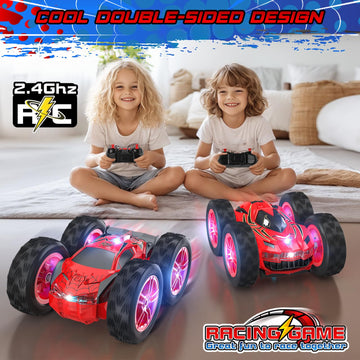 Wupuaait Remote Control Car for Kids, RC Stunt Cars Toys for Boys Ages 4-7 with Cool Double-Sided Pattern and LED Flash, 1:24 Ve