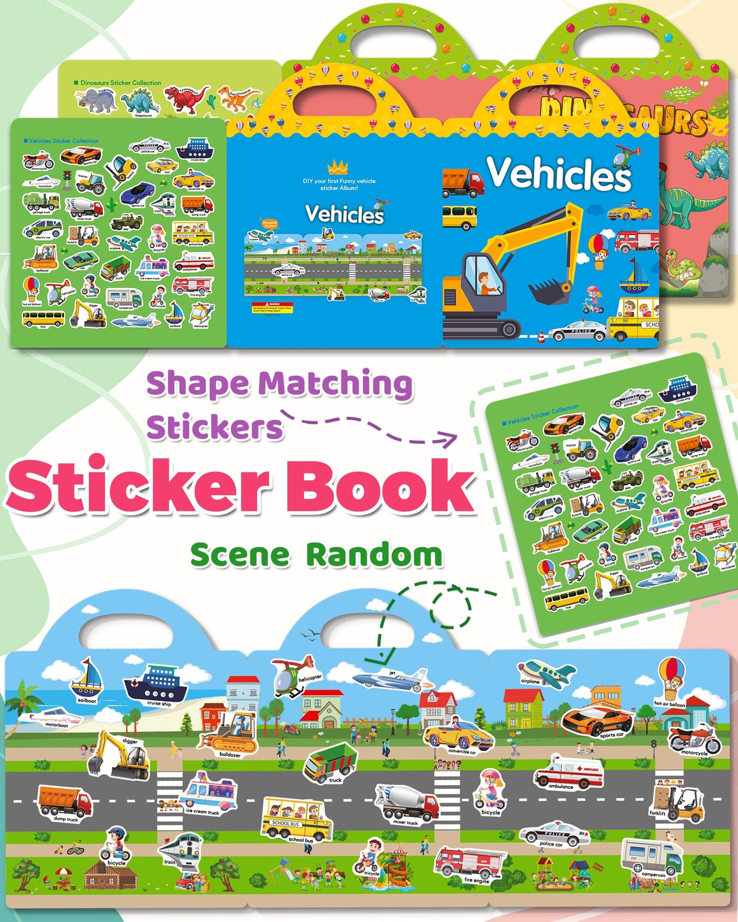 2 Pack Vehicle Dinosaur Reusable Sticker Book For Toddlers 2-4 Years, Toddler Sticker Book For Kids, Toddler Activities Crafts P
