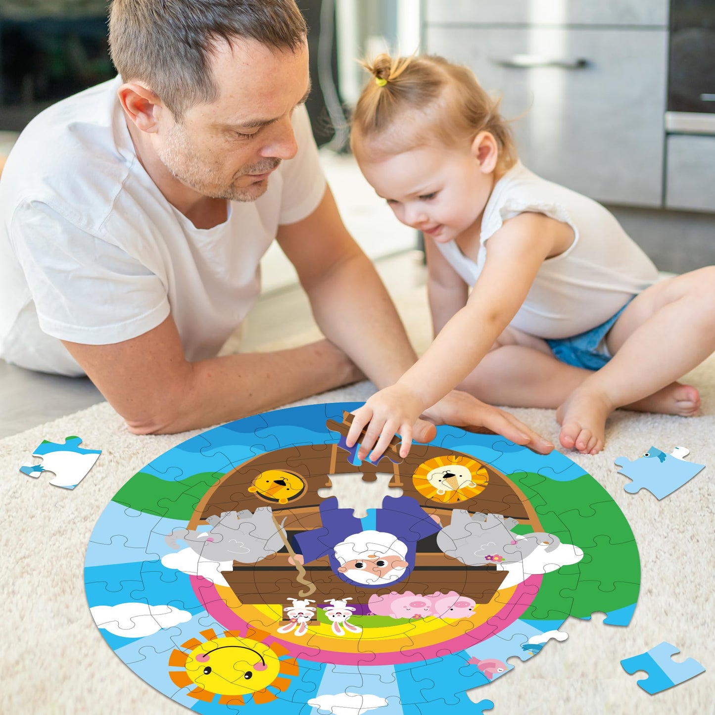 Haooryx Bible Stories Jigsaw Puzzles - 71pcs Noahs Ark & Jonah and The Whale Jigsaw Puzzle Set Double-Sided Cartoon Bible Storie