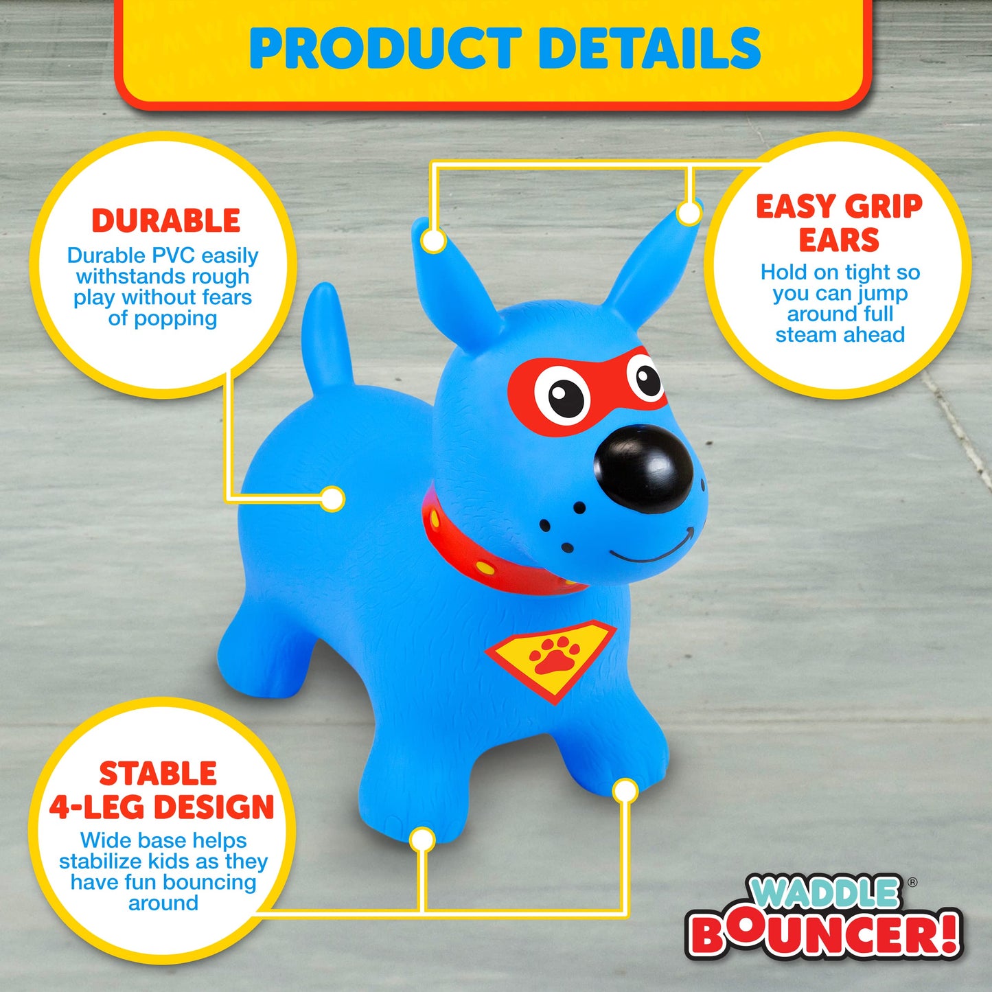 Waddle Bouncy Hopper Inflatable Hopping Animal, Indoors And Outdoors Toy For Toddlers And Kids, Pump Included, Boys And Girls Ages 2 Years And U (Blue Super Hero Dog)
