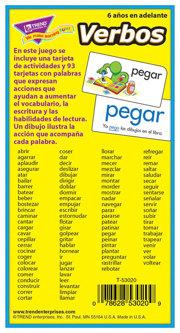 Trend Enterprises: Verbos (Spanish Action Words) Skill Drill Flash Cards, Grow Spanish Fluently, Illustraions With Words & Sample Sentence, 94 Cards Included, For Ages 6 And Up