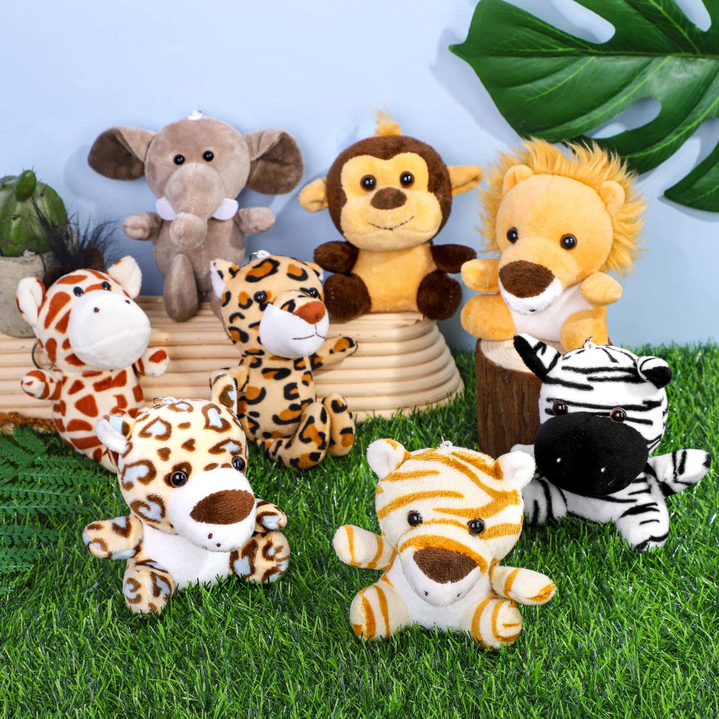 Elcoho 14 Pieces Safari Jungle Animal Plush Toys Small Stuffed Forest Animals Plush Toys 5.9 Inch And 3.75 Inch Keychain Decorations For Animal Themed Parties Goody Bags(Standing,Sitting)