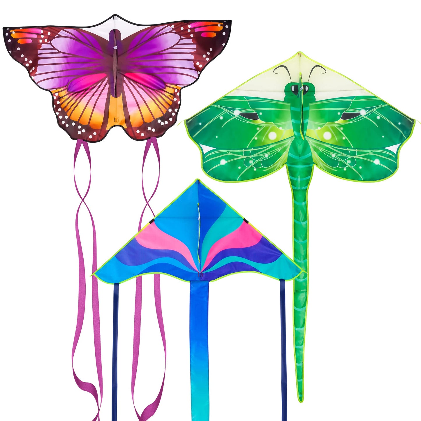 3 Pack Large Kites - Butterfly Delta Dragonfly Kites Easy To Fly For Adults Kids Beach Park Outdoor Game Activities, Gifts For E