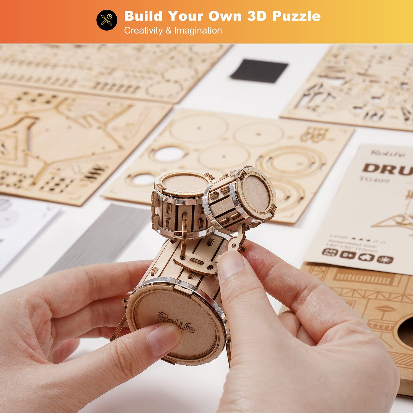 Rolife 3D Wooden Puzzles Model Kit For Adults And Teens To Build Musical Instrument Series (Drum Kit)