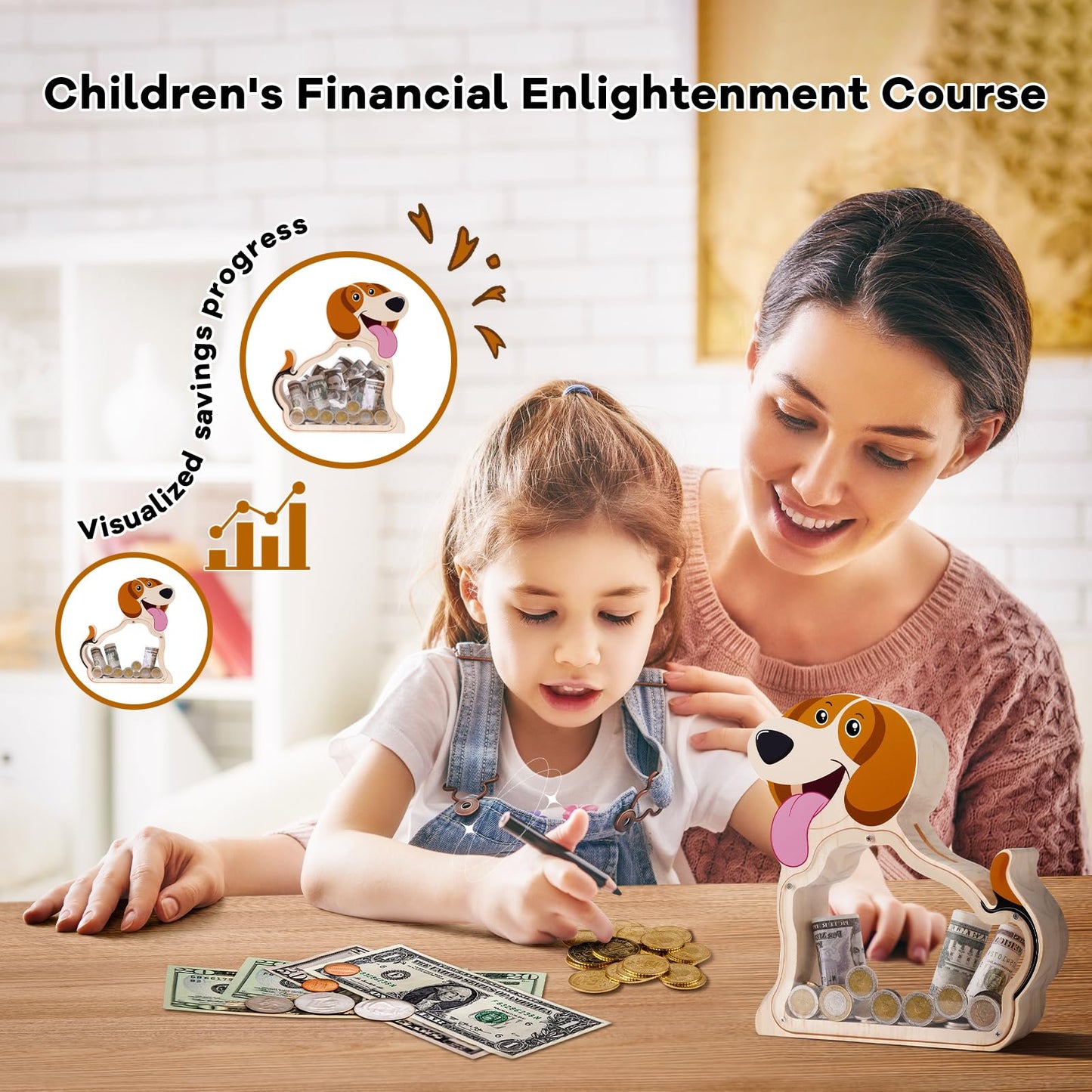 Beagle Wooden Piggy Bank For Boys, Girls, Unbreakable Wooden Money Box For Kids With Letter Stickers, Cute Wooden Cash Coin Bank
