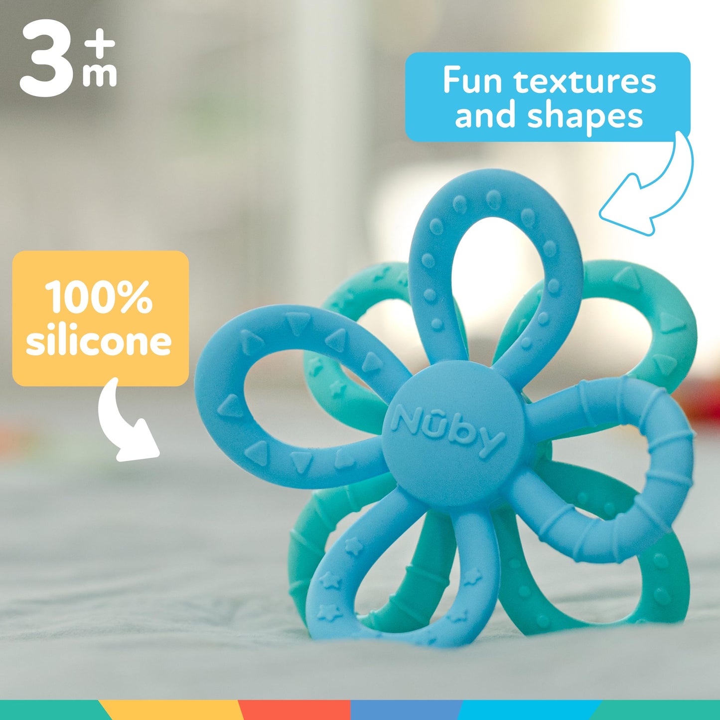 Nuby Fun Loops Teether - Flower-Shaped Infant Teething Toy for Babies - 3+ Months - Blue and Aqua