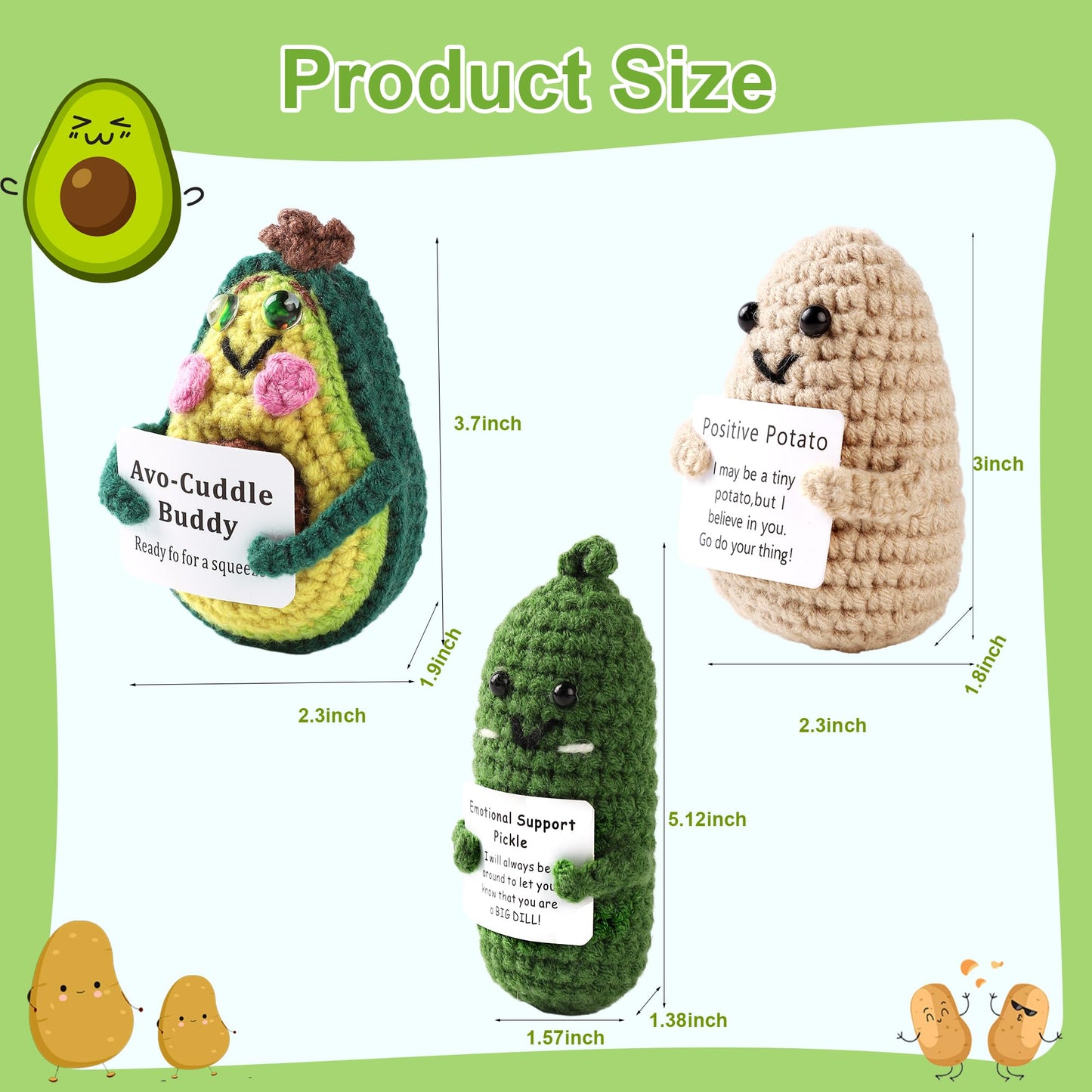 Dhoem Emotional Support Pickle And Funny Positive Potato Cute Avocado,3 Inch Mini Crochet Doll With Unique Positive Card For Che