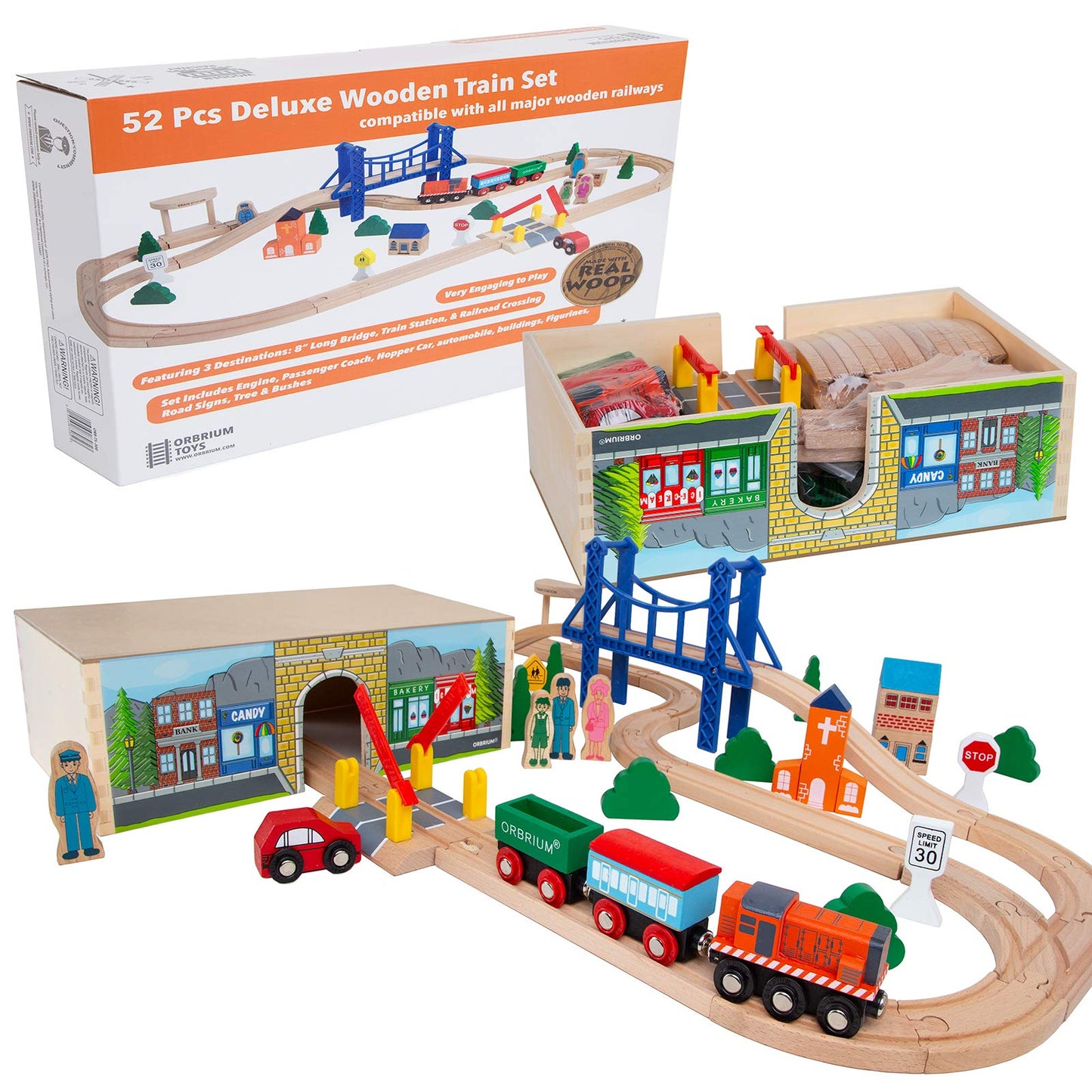 Orbrium 52 Pcs Deluxe Wooden Train Set With Wooden Storage Box Tunnel Compatible With Thomas, Brio, Melissa (Wooden Box - 52 Pcs Train Set)