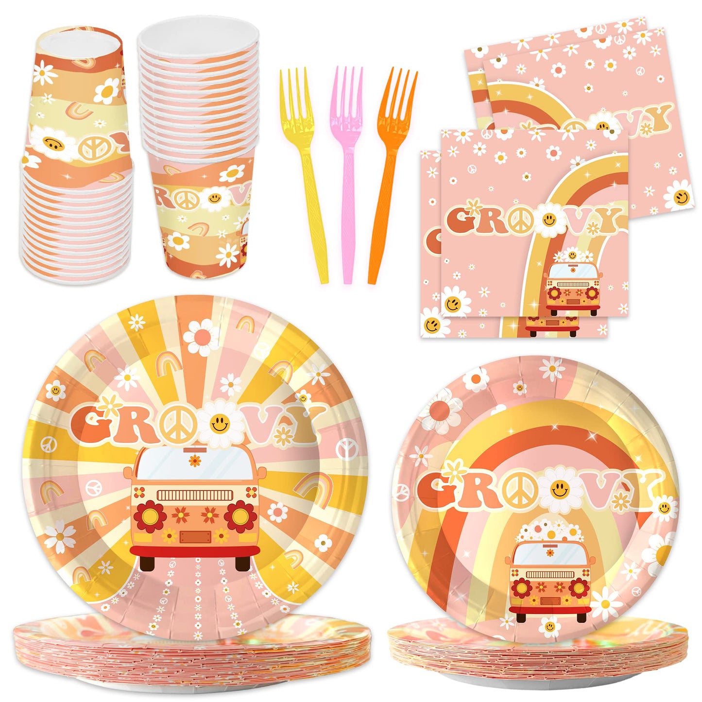 Oigco 120Pcs Groovy Birthday Party Supplies Hippie Boho Plates Napkins Cups Retro Daisy Flower 60'S Style Party Supplies For Gir