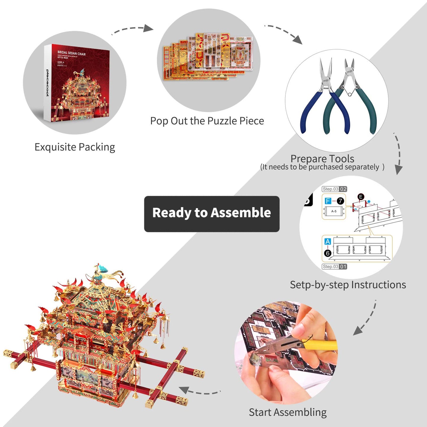 Piececool 3D Puzzles For Adults Metal Model Kits, Bridal Sedan Chair Diy 3D Metal Puzzle, Chinese Traditional Culture 3D Model B