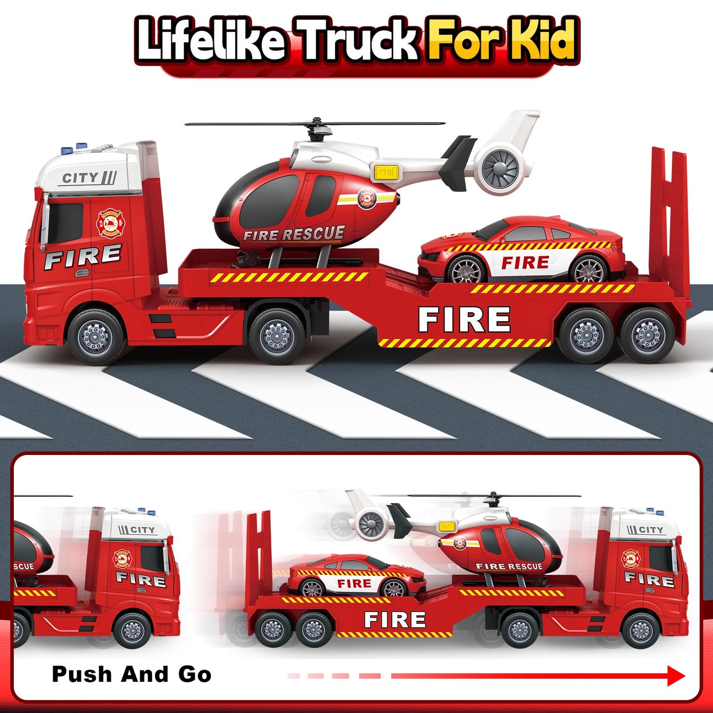 Bstoyder Toddler Boy Toys for 3 4 5 6 7 Years Old Kids, 25'' Semi Fire Truck Toy with Racing Car and Helicopter, Friction Powere