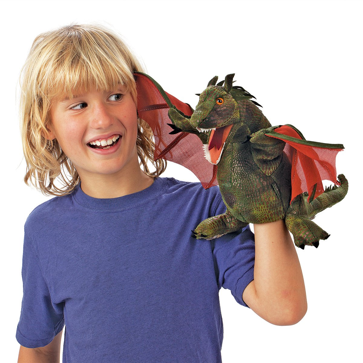 Folkmanis Winged Dragon Hand Puppet, Green, Red, 1 Ea