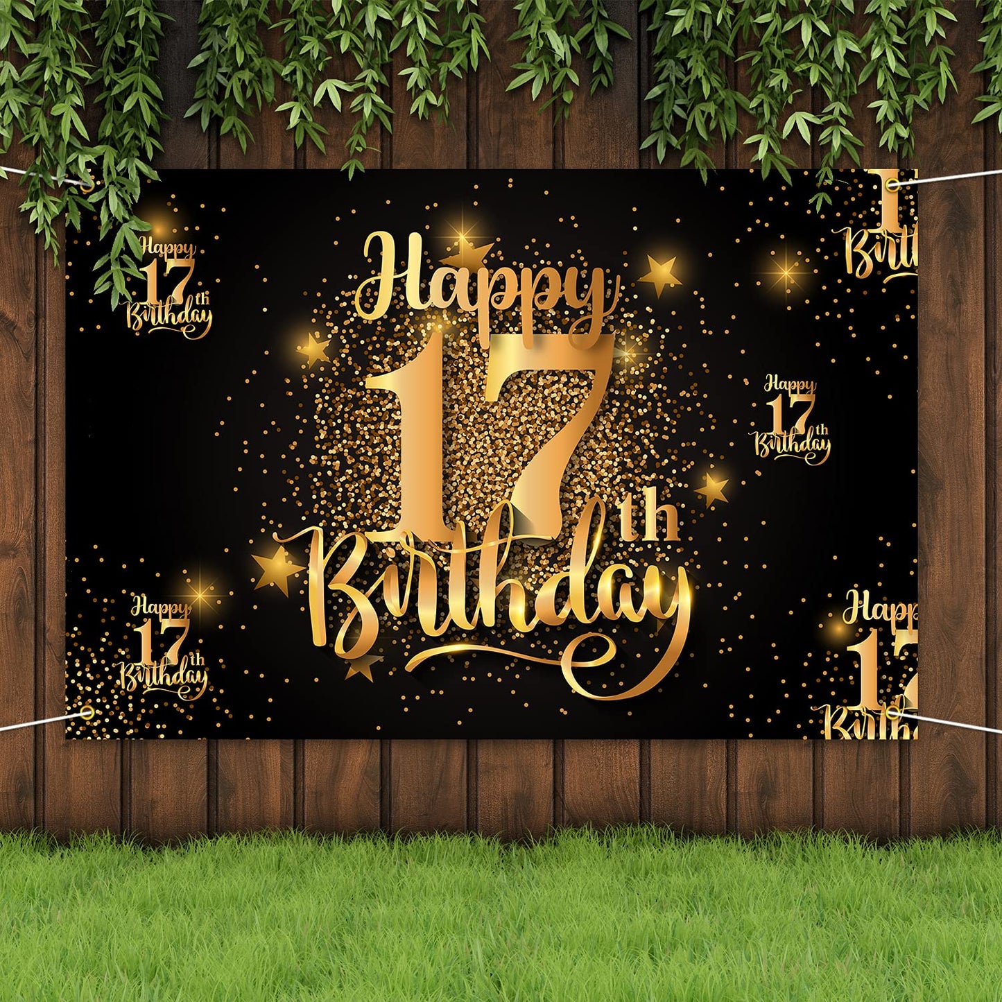 Happy 17Th Birthday Backdrop Banner Step And Repeat 17 Years Old Background Decorations For Women Men Her Him Photography Party Supplies Glitter Black Gold