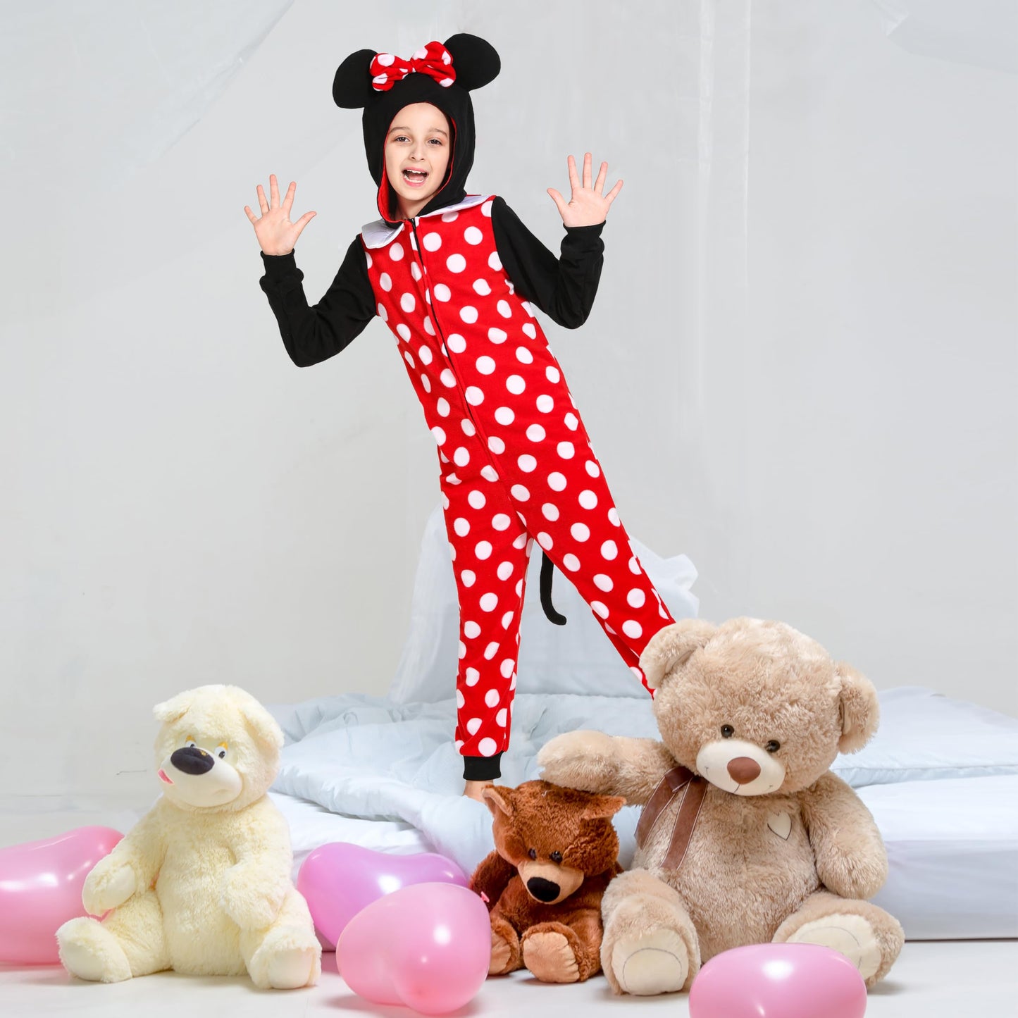 Rabtero Kids Hooded Animal Onesie Costume, Toddlers Mouse Costume, Unisex Red And White Polka Dot One Piece Pajamas, Halloween/Christmas/Carnival Cosplay Costume For Kids 8-10