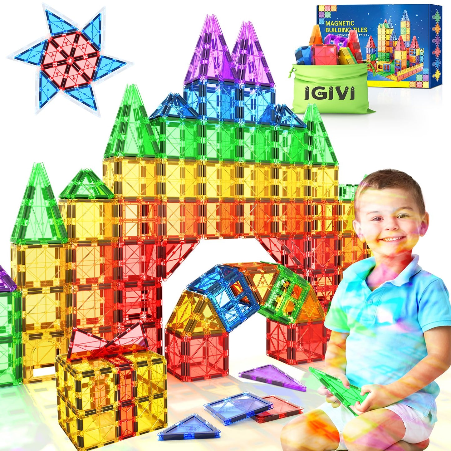 Igivi Magnetic Tiles Kids Toys For 3+ Year Old Boys & Girls, Stem Building Blocks Toys & Games, Sensory Toys For Toddlers, 3 4 5 6 7 8 Year Old Boy Birthday Gift