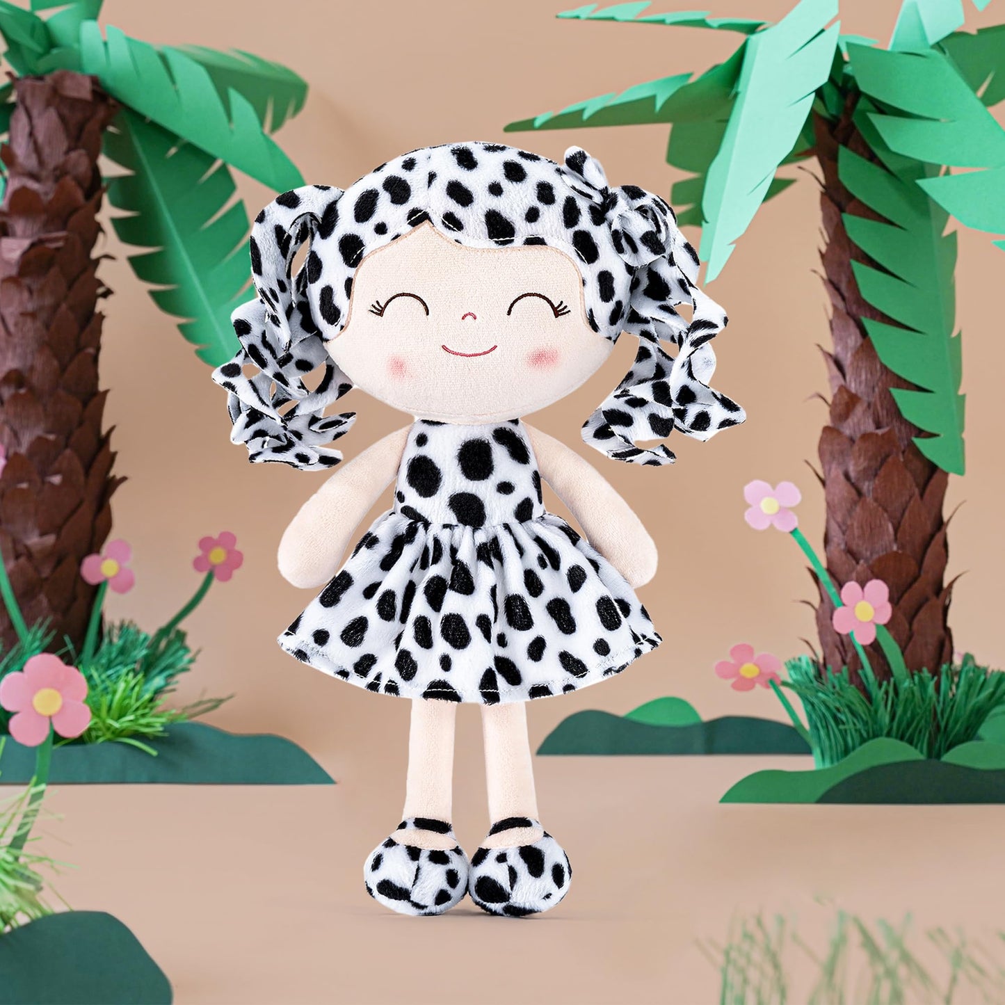 Gloveleya Baby Dolls Soft Snuggly First Baby Girl Gifts Plush Doll With Light Skin & White Spots Dress 12 Inches Animal Series