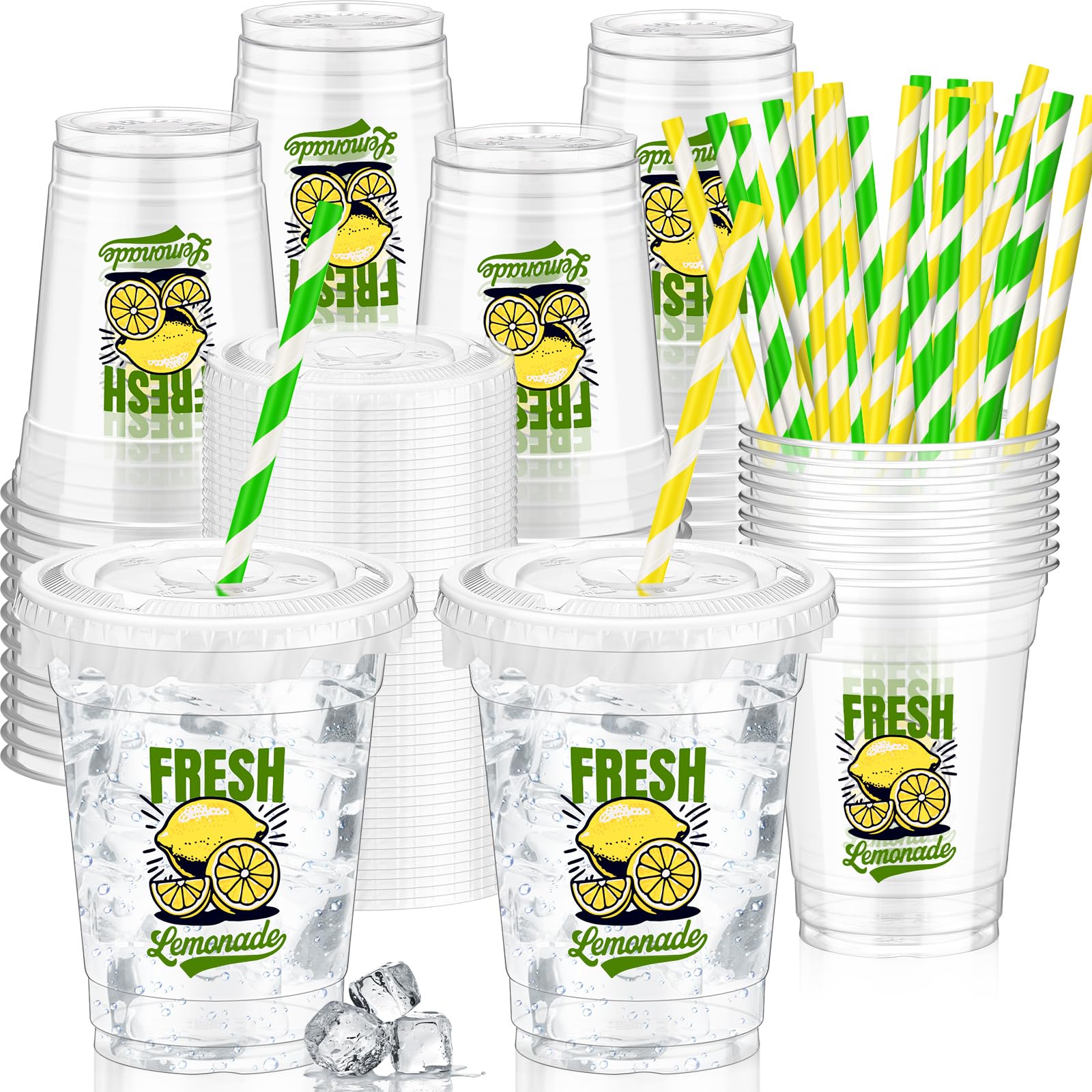 Domensi 50 Sets Lemon Disposable Plastic Cups 12 oz Lemonade Thick Clear  Cups with Lids Straws Decoration for Iced Lemonade Juic  Toytooth