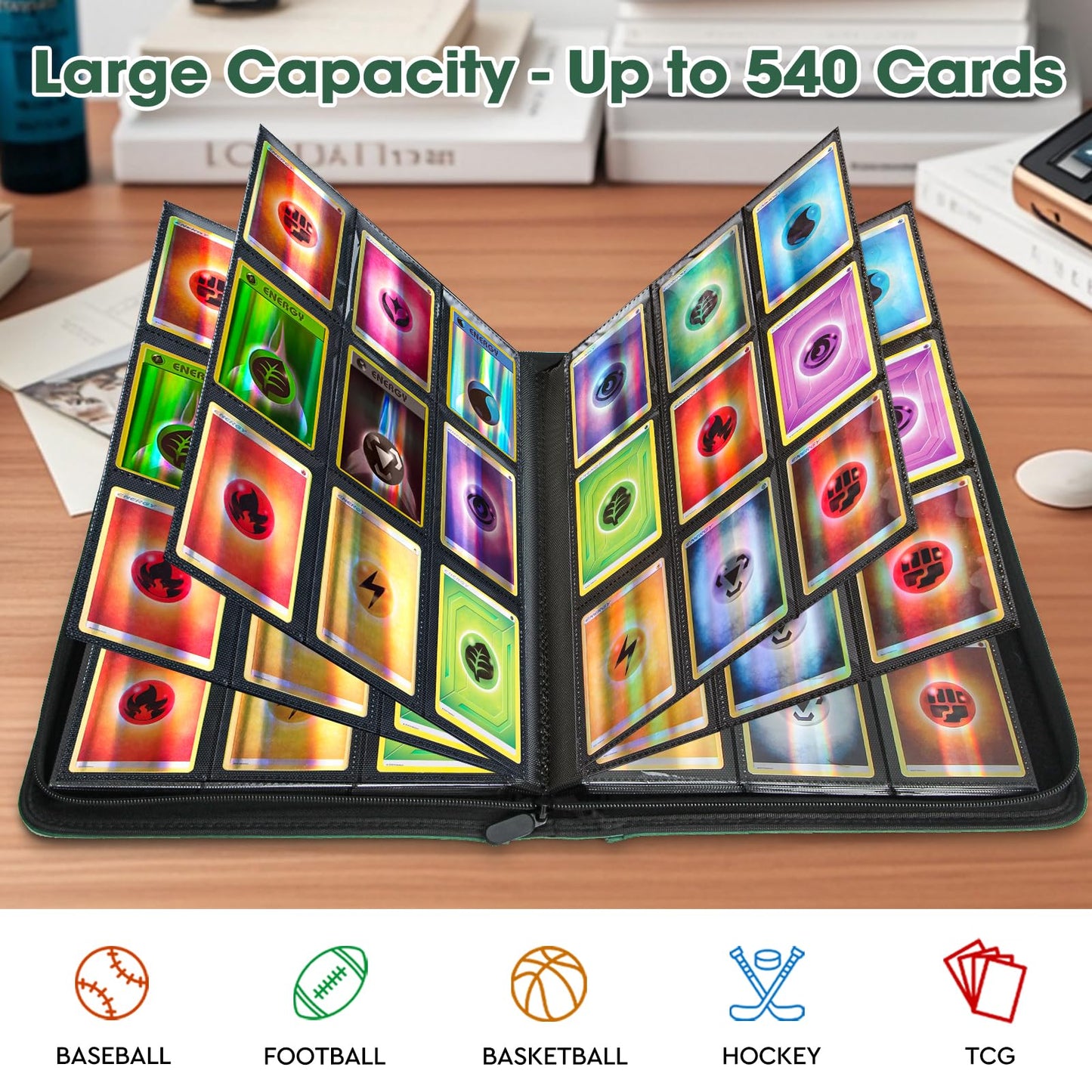 Old Canal Trading Card Binder 9 Pocket Card Album Folder Hold Up to 540 Cards enhanced and Durable Zipper Binder Cards Holder Album for MTG TCG Baseball Cards Football Cards (Dark Green)