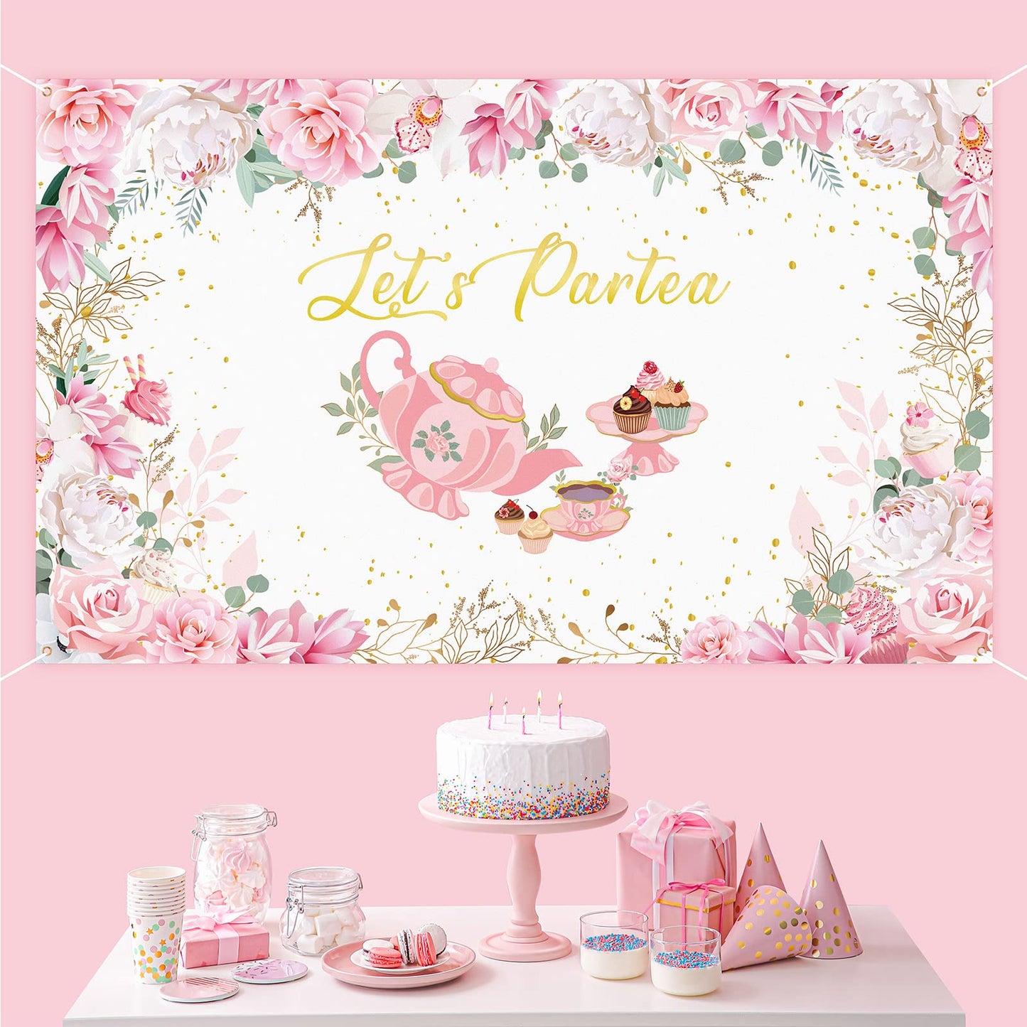 Tegeme Let'S Partea Party Backdrop Tea Party Banner Decorations Background For Baby Shower Birthday Party Photo Prop(White, 6 X