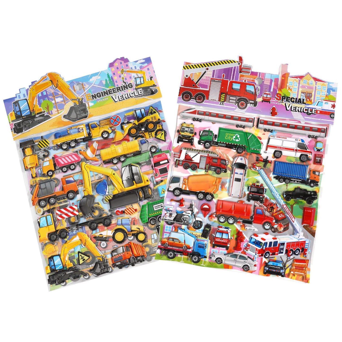 Shangrla Large Puffy Stickers Playset:Construction And Vehicle For Toddlers Boys Kids Travel Airplane Activities Reusable 3D Sticker With Trucks Tractor Police Car Fire Truck Ambulance,Puff Stickers.