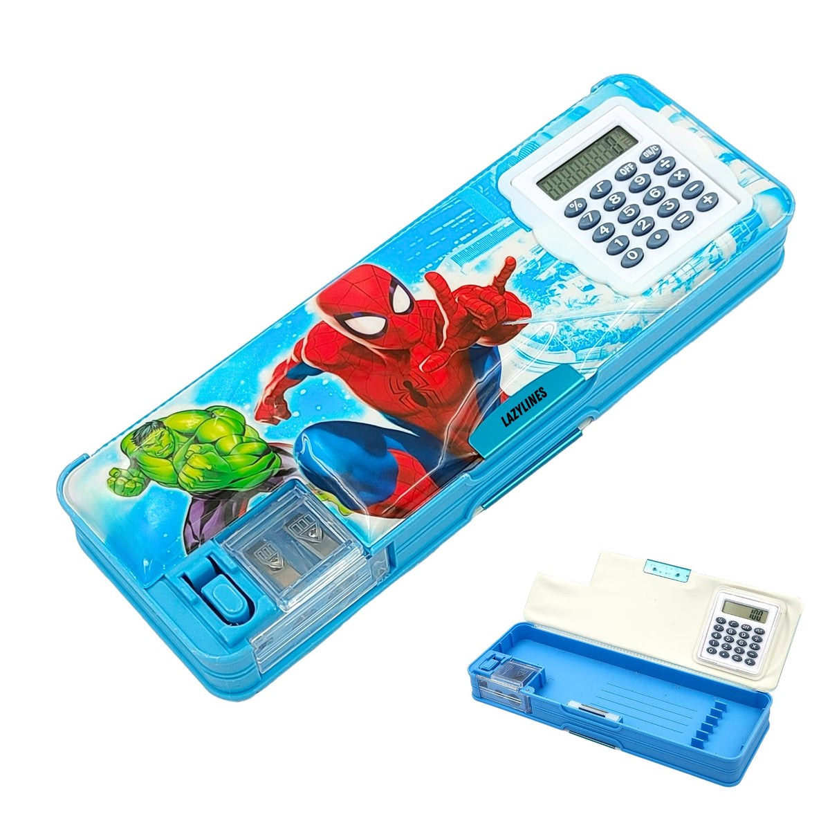 LAZYLINES Spiderman Art Pencil Box: Magnetic Lock, Inbuilt Calculator, and Dual Compartment Organizer with Heroic Spiderman Artw