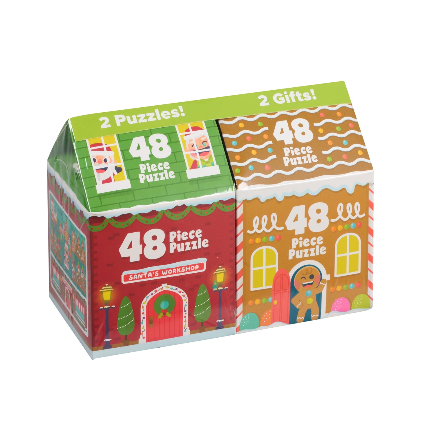 Chuckle & Roar Kids Jigsaw Puzzle Duo - Gingerbread & Santas Workshop - Festive Holiday Theme for Christmas - Fun Winter Activit