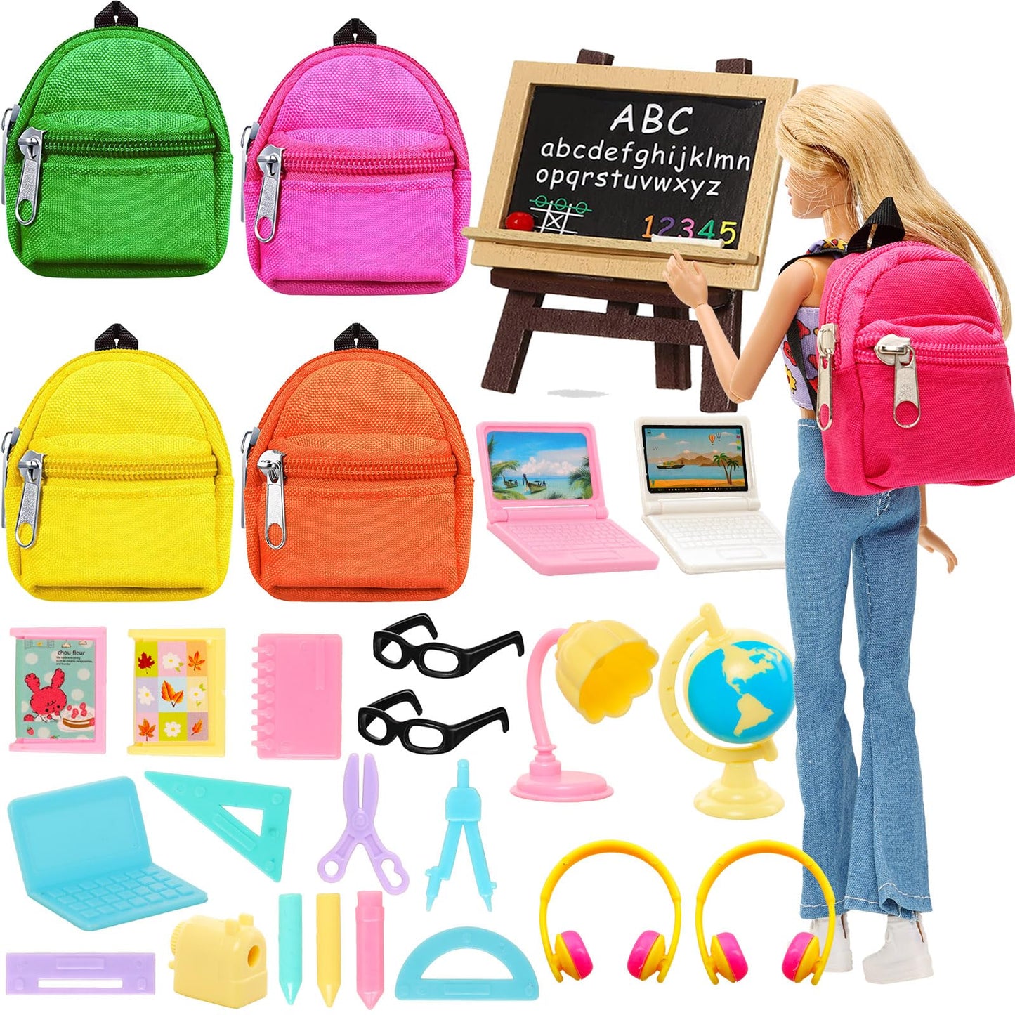 Enocht 27 Pcs 11.5 Inch Doll School Accessories 4 Doll Backpack Bag With Zipper With Computers, Glasses, Blackboard, 7 Pcs Study Accessories 8 Pcs Stationery Sets 2 Headsets For 11.5 Inch Doll