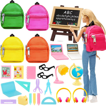 Enocht 27 Pcs 11.5 Inch Doll School Accessories 4 Doll Backpack Bag With Zipper With Computers, Glasses, Blackboard, 7 Pcs Study Accessories 8 Pcs Stationery Sets 2 Headsets For 11.5 Inch Doll