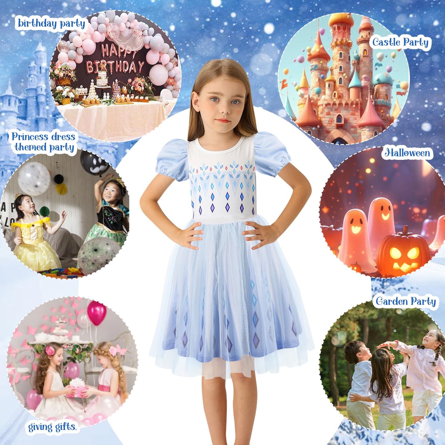 Benylion Princess Dress For Girls Princess Dresses Party Wear Puff Sleeve Tulle Dress For 5-6 Years,White