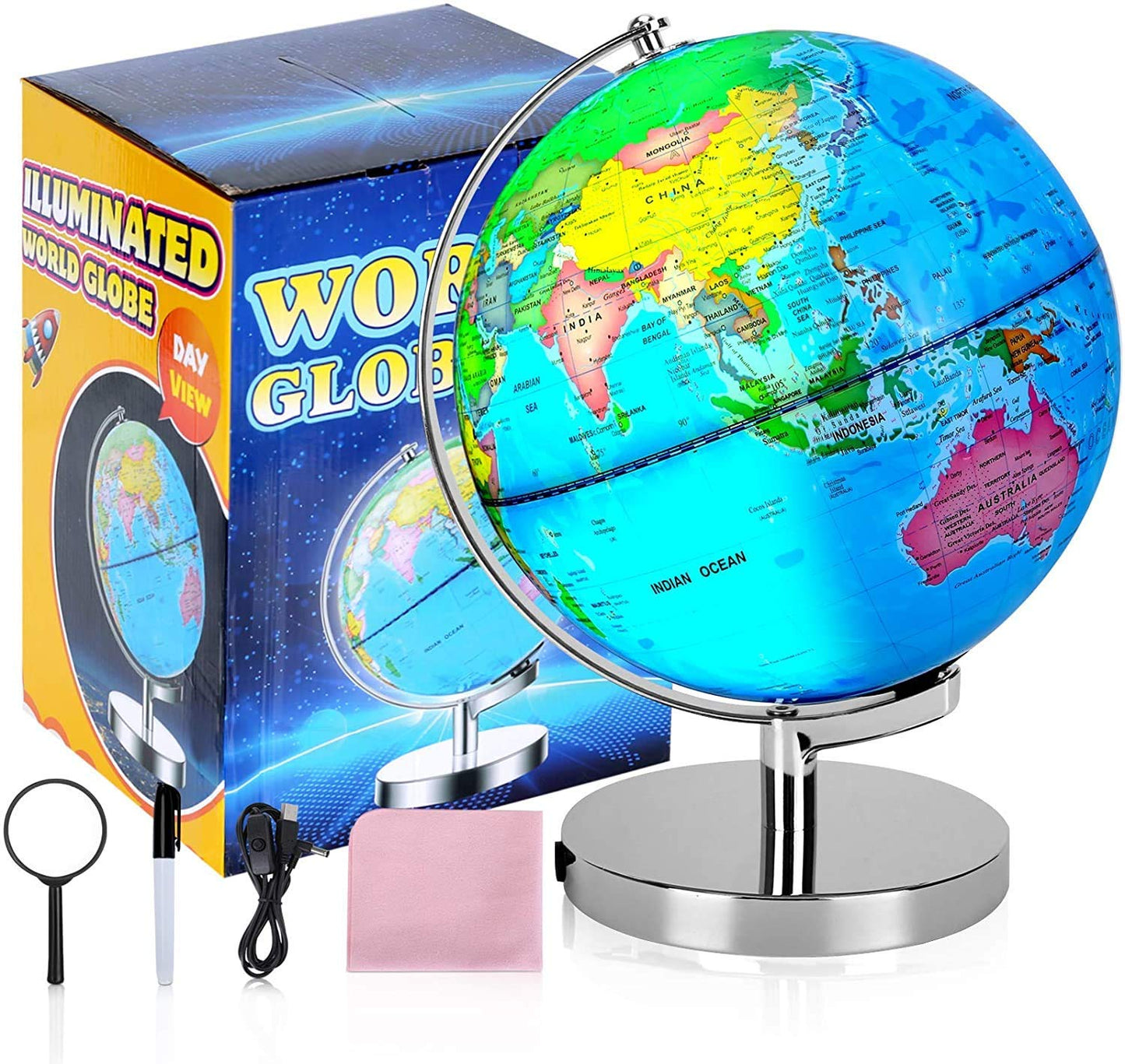 Poocci 6 In1 Illuminated World Globe For Kids & Adults All Ages High Clear Map, Illuminates Educational Interactive Globe Stem Toy, Light Up Kids Globe Lamp,Earth Globe Gifts For Boys And Girls