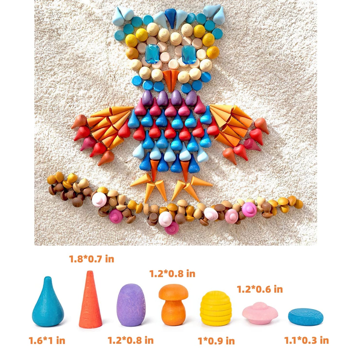 Mikneke 162 Wooden Loose Parts Sensory Bin Filler Toys, Mandala Rainbow Stacker Open Ended Toys, 27 Colors Sensory Training Educational Toys