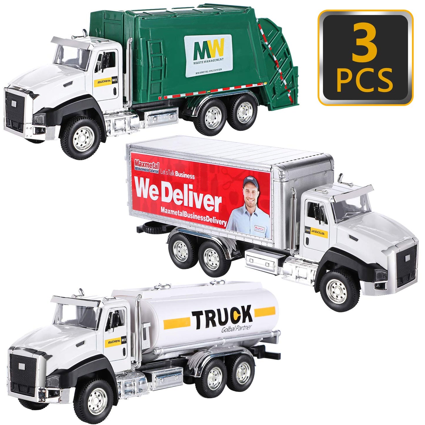 G.C 3 Pack Diecast Transport Vehicles Truck Toys Set Garbage Truck Tanker Delivery Truck 1:50 Scale Pull Back Metal Model Car To