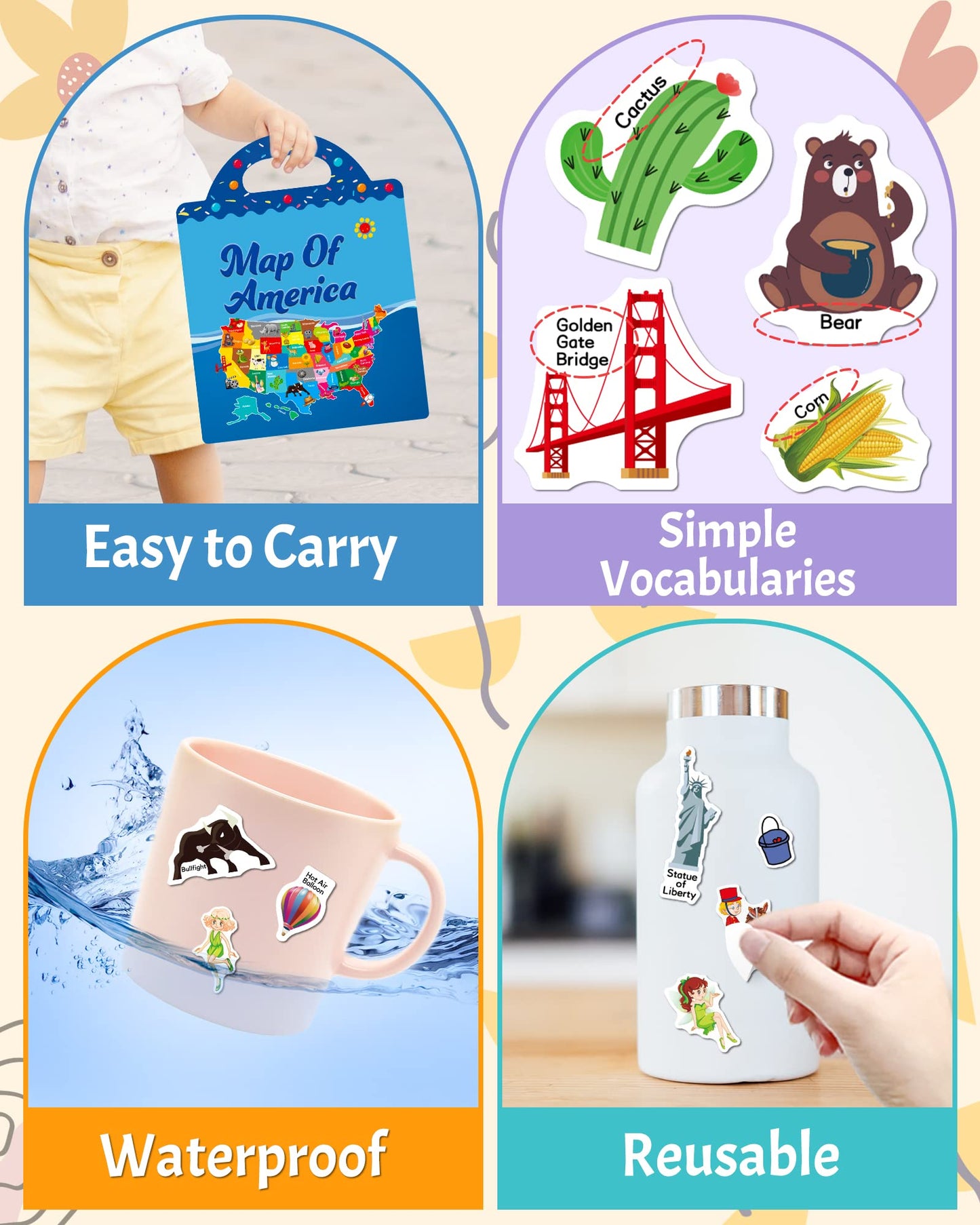 Benresive Reusable Sticker Books For Kids 2-4, Sticker Books For Toddlers 1-3, Toddler Sticker Book Age 2-4, Toddler Travel Toys Activities Crafts Gifts - America Map, Fairy, My House