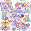 32Pcs Unicorn Tea Party Set for Little Girls Princess Tea Time Toys Playset Including Tin Tea Set Carrying Case Food Sweet Hair