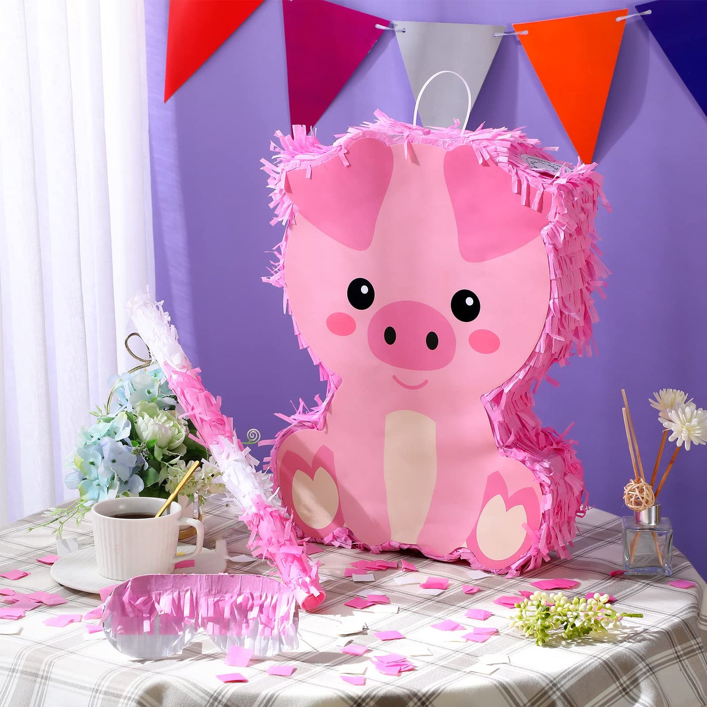 Piñata Bundle With A Blindfold And Bat (16 X 12 X 3 Inches), Cute Animal Piñata For Girls Boys Kids Birthday Party Toys Decoration For Animal Theme Birthday Party Game Supplies Photo Prop(Piggy)