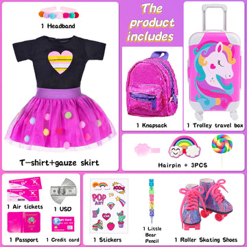 Ebuddy 18 Inch Doll Clothes And Accessories Doll Travel Set With Suitcase Roller Skates School Supplies Playset Purple Unicorn Set Including Dress,Suitcase, Roller Skates,Hairpin,Hair Ring(No Doll)