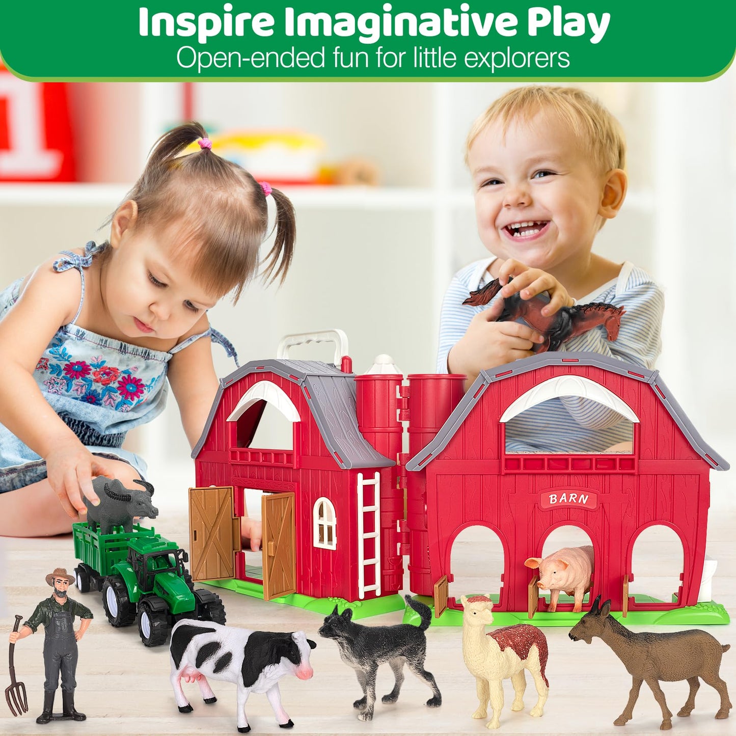 Farm Animals Toys For 1 2 3 4 5 Year Old Toddlers Girls Boys, Big Red Barn Farm With Figures Animals And Tractor Toy For Kids, Farm Playset Educational Learning Toys, Ideal Christmas Birthday Gifts