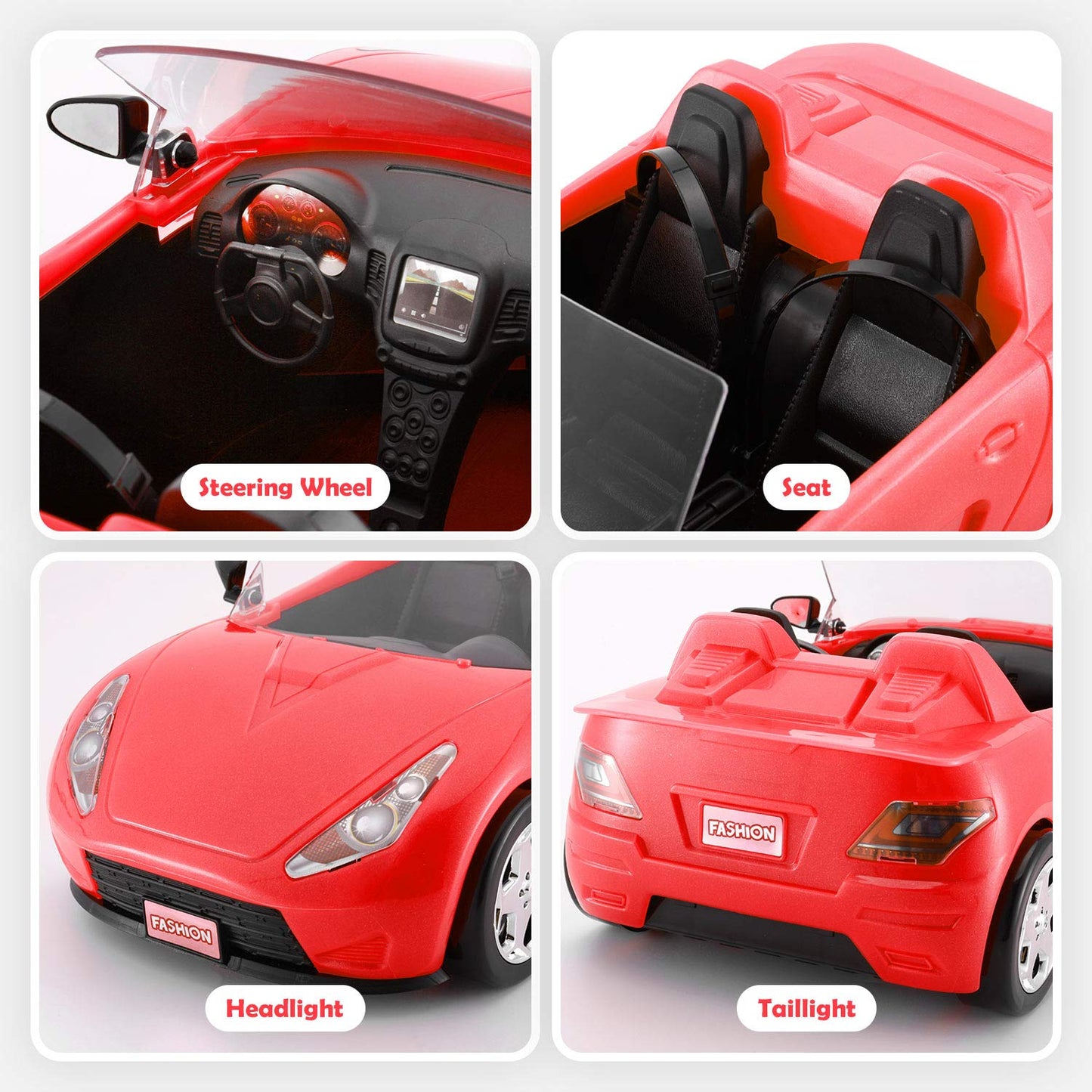 Convertible Car for Dolls, Glittering Deep Red Convertible Doll Vehicle with Working Seat Belts Ideal Gift Increase Children's F