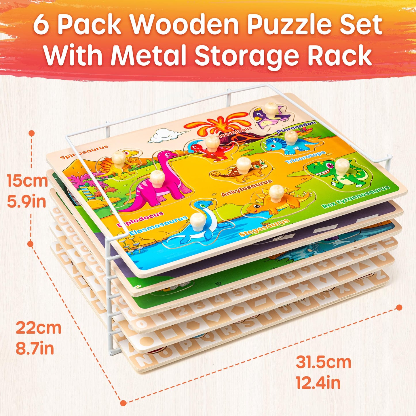 Synarry Wooden Puzzles For Toddlers 1-3, 6Xset Puzzles For Toddlers 2-4 With Rack, Learning Alphabet Number Shape Animal Dinosau