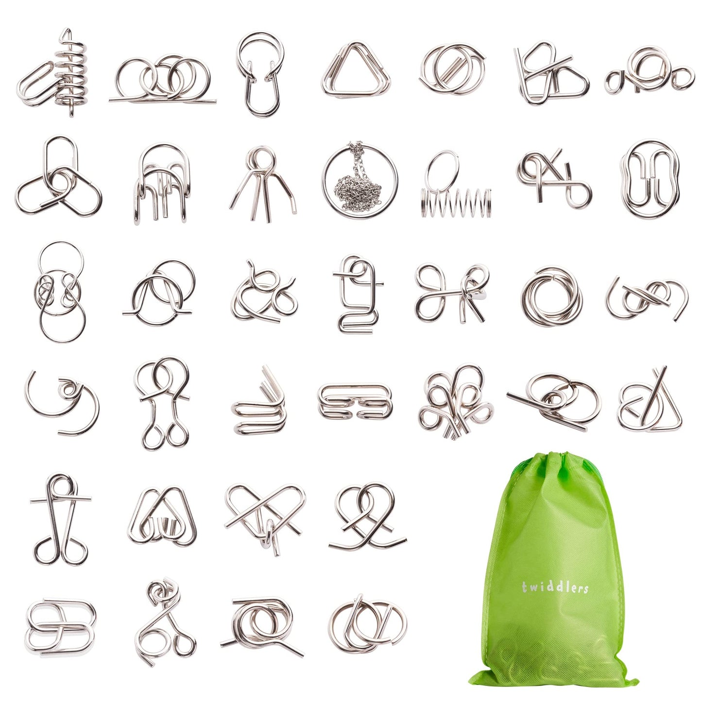 The Twiddlers 36 Metal Brain Teaser Puzzles For Kids & Adults (4 Levels) - Disentanglement Mind Teaser Puzzles With Pouch - Party Favor, Educational Gift