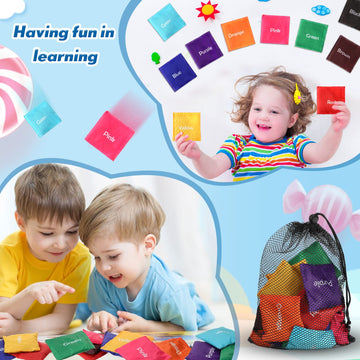 Sotiff 20 Pcs Colored Bean Bags Mini Educational Beanbags Learn Colors Toy 2.76 x 2.76 in Cornhole Bean Tossing Bag for Preschool Classroom Outdoor Carnival Family Catch Toss Sensory Game(Words)